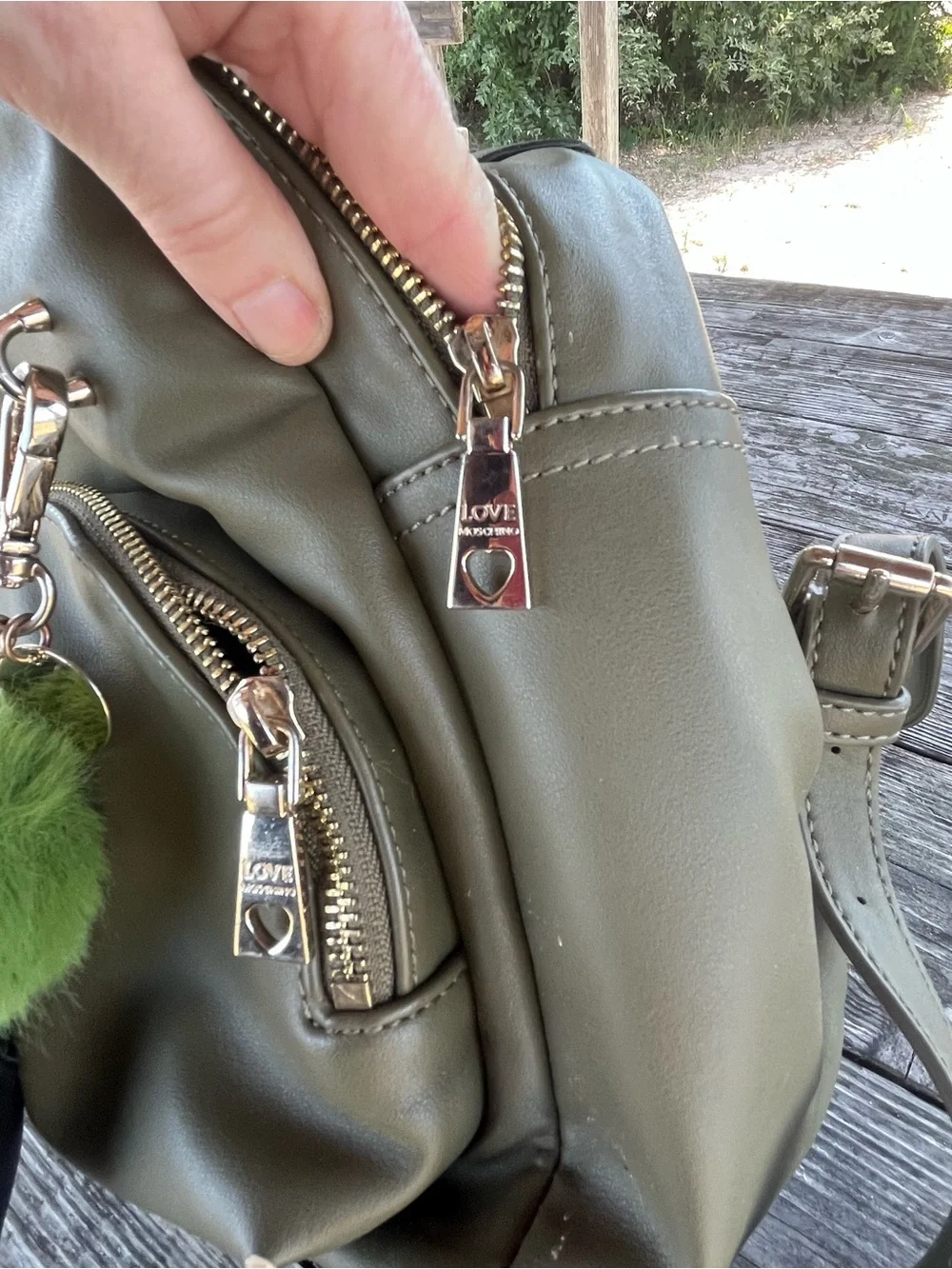 Love Moschino  Olive Green sm Backpack with Green Pom-Pom Charm